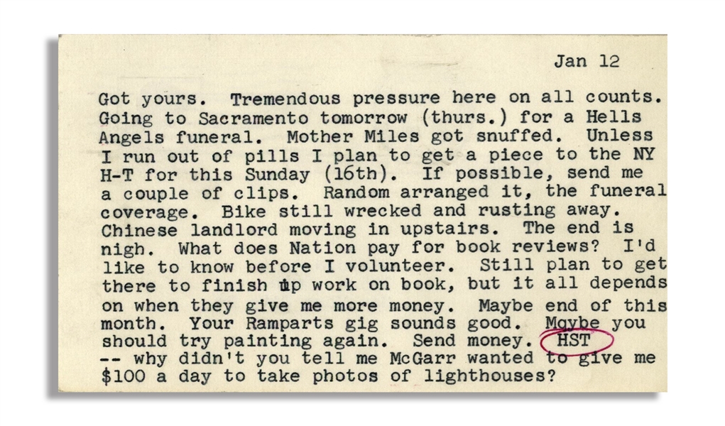 Hunter S. Thompson Letter While Working on ''Hell's Angels'' in Early 1966 -- ''...a Hells Angels funeral. Mother Miles got snuffed...''